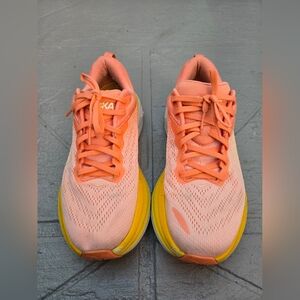Hoka One One Women's Bondi 8 Peach and Yellow Running Shoes Size 9B